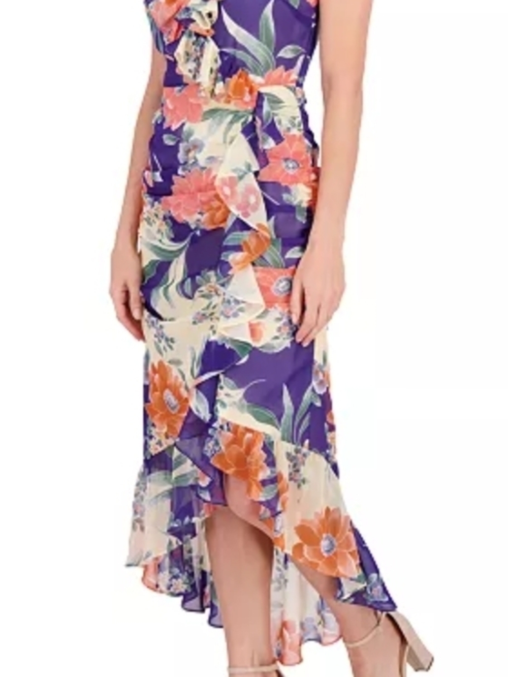 Kensie Purple Floral Ruffle Hi-Low Dress with Orange Blooms